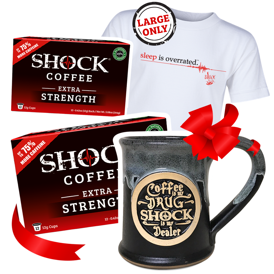 The Ultimate Buzz Gift Bundle: Extra Strength 24 Cup Box, 14OZ Mug & Vintage Tee