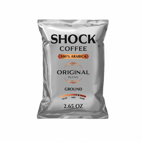 Coffee package labeled 'Shock Coffee' on a white background