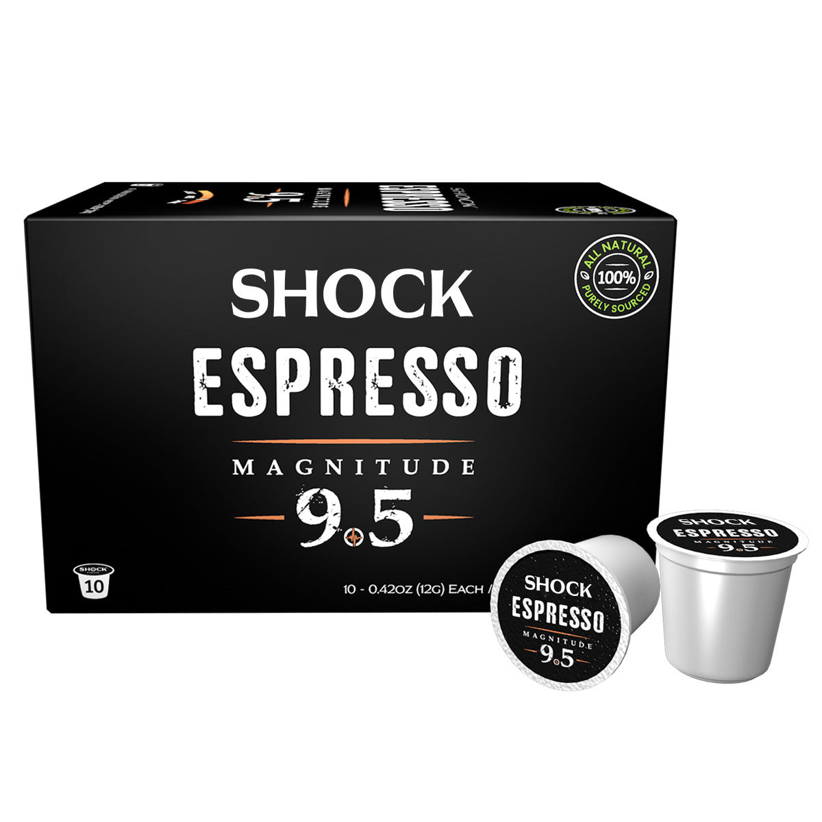 Box of Shock Espresso with two coffee pods on a white background