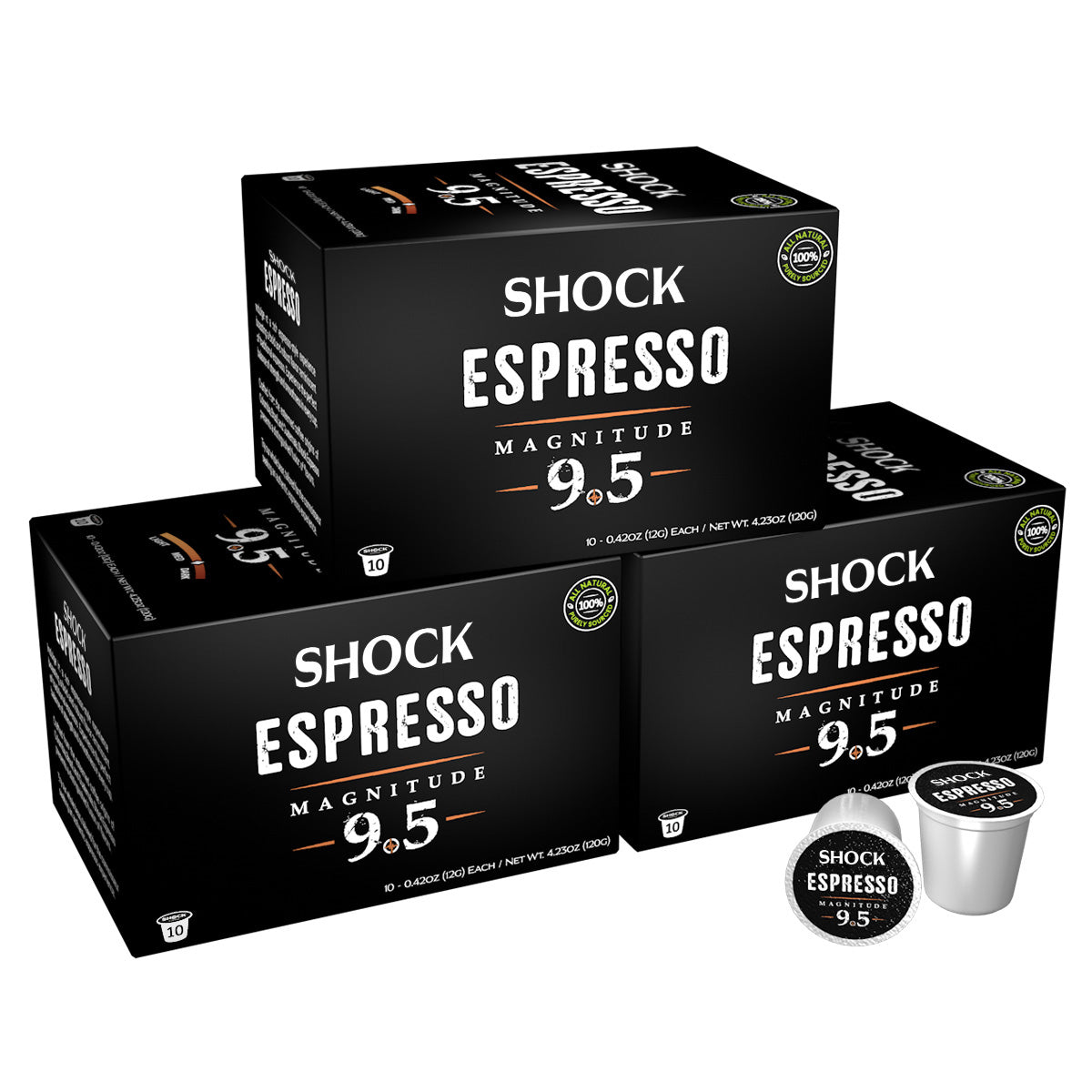 Multiple boxes of Shock Espresso with coffee pods on a white background